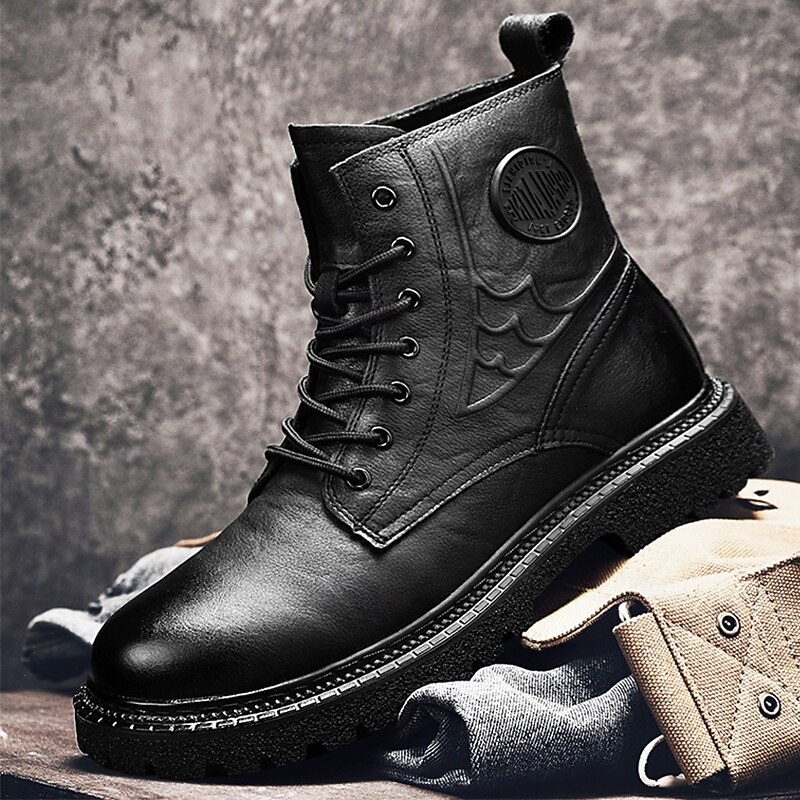Black Faux Leather Men's Lace-Up Boots with Rounded Toe, Metal Button Detail, and Heavy-Duty Sole – A Must-Have for Motorcycle Riders, Rock Lovers, Casual Fashion and Street Style