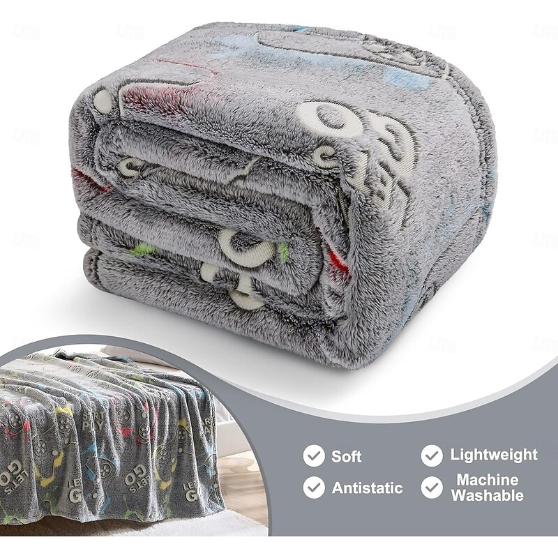 Glow in The Dark Gaming Blanket Gamer Game Controller Throw Gift Toys for Boys Adults Men Women Gamepad Presents Birthday Halloween Christmas Bedroom Decor Luminous Blanket Grey3