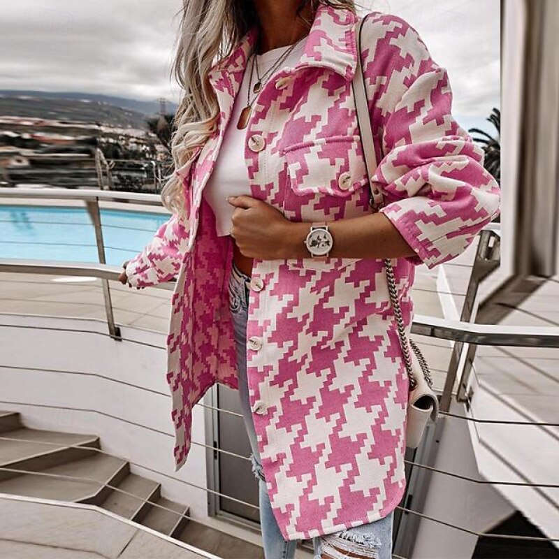Women's Jacket Casual Jacket Comfortable Pocket Buttons Casual Houndstooth Vacation Daily Wear Going out Regular Turndown Regular Fit Long Sleeve Outerwear Pink Light Purple Orange Fall Winter4