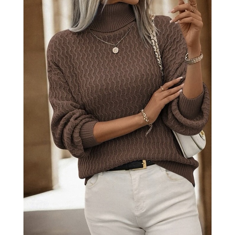Women's Sweater Pullover Streetwear Casual Solid Color Cable Turtleneck Knitted Long Sleeve Regular Tops Knit Daily Holiday Going out Khaki Coffee Fall Winter2
