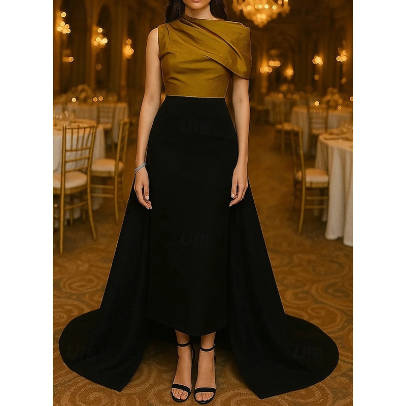 Black and Gold A-Line Evening Gown Stretch Taffeta Elegant Dress Formal Wedding Sweep / Brush Train Sleeveless Off Shoulder with Ruched Details 2025