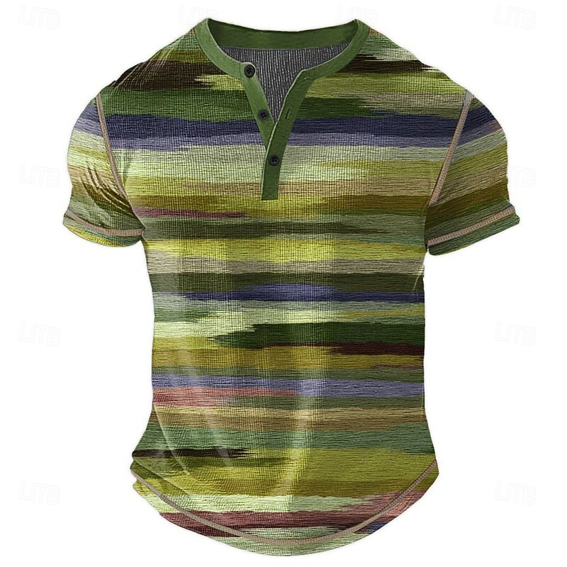 Men's Rainbow Stripes Henley Shirt Waffle T Shirt Short Sleeve Daily Retro Vintage Classic Sports Outdoor Casual Holiday Spring & Summer All Seasons Lake blue Pink Green khaki Henley Henley T-Shirt4