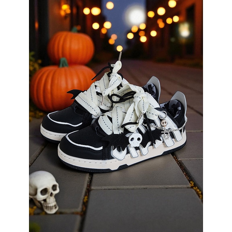 Women's Black and White Halloween Skull Lace-Up Sneakers with Bat Charms – Gothic Streetwear Style for Festival Nights and Costume Parties