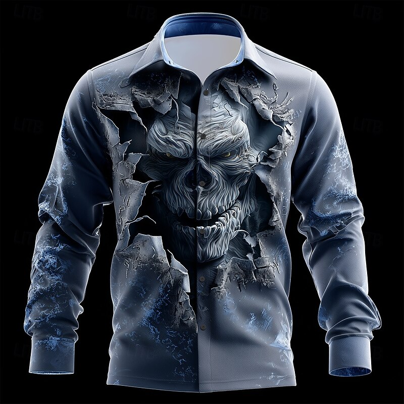 Halloween Men's Devil Horror Cracked Wall Shirt Button Up Shirt Long Sleeve Dark Gothic Style Holiday Streetwear Spring Fall Turndown 3D Print Collared Shirts Blue