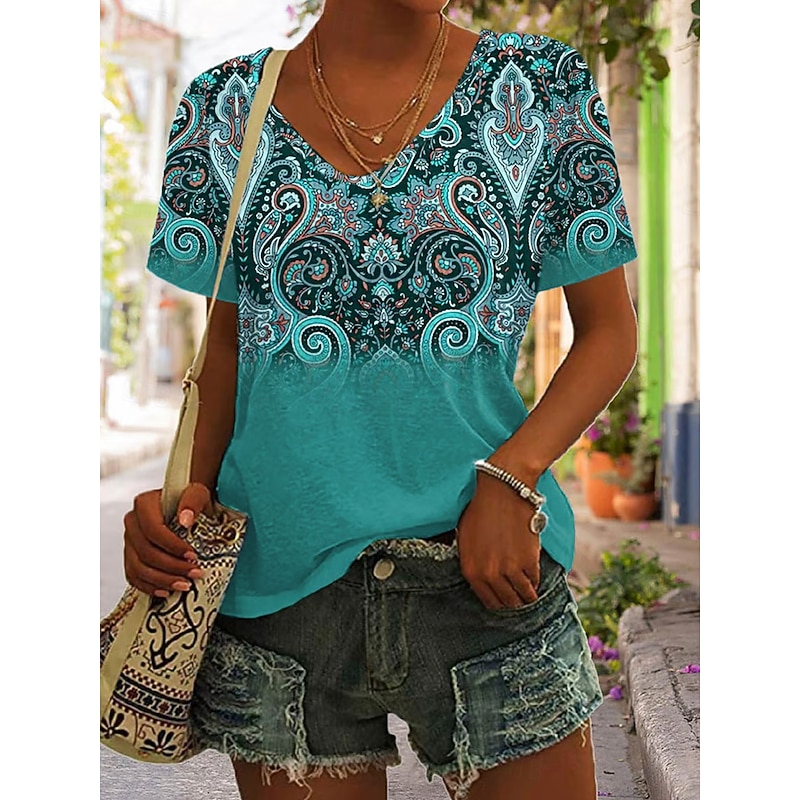 Women's T Shirt Graphic Geometric Tribal Bohemia Vintage Stylish Short Sleeve V Neck Regular Tops Daily Going out Weekend Print Blue Purple Green Khaki Summer Spring Fall