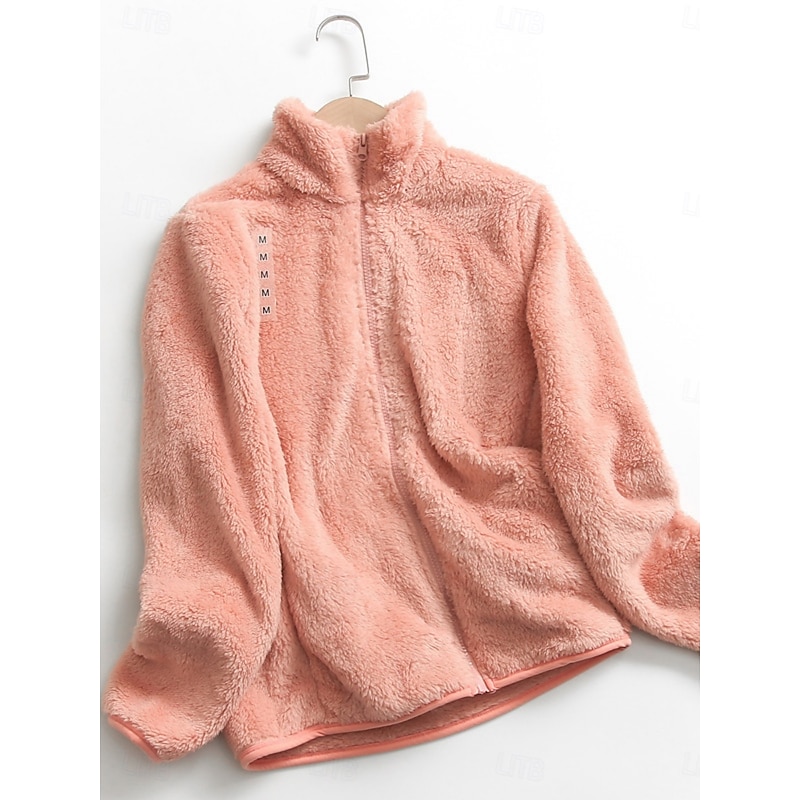 Women's Sherpa Jacket Comfortable Breathable Zipper Pocket Casual Plain Vacation Street Casual Daily Wear Zipper Regular Stand Collar Regular Fit Long Sleeve Outerwear White Pink Blue Spring Fall4