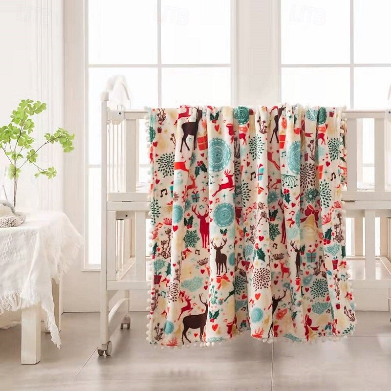 Christmas Flannel Blanket, Double-Sided Printed Throw with Pom Poms, Autumn Winter Cozy Blanket for Home, Cross-Border Blanket3