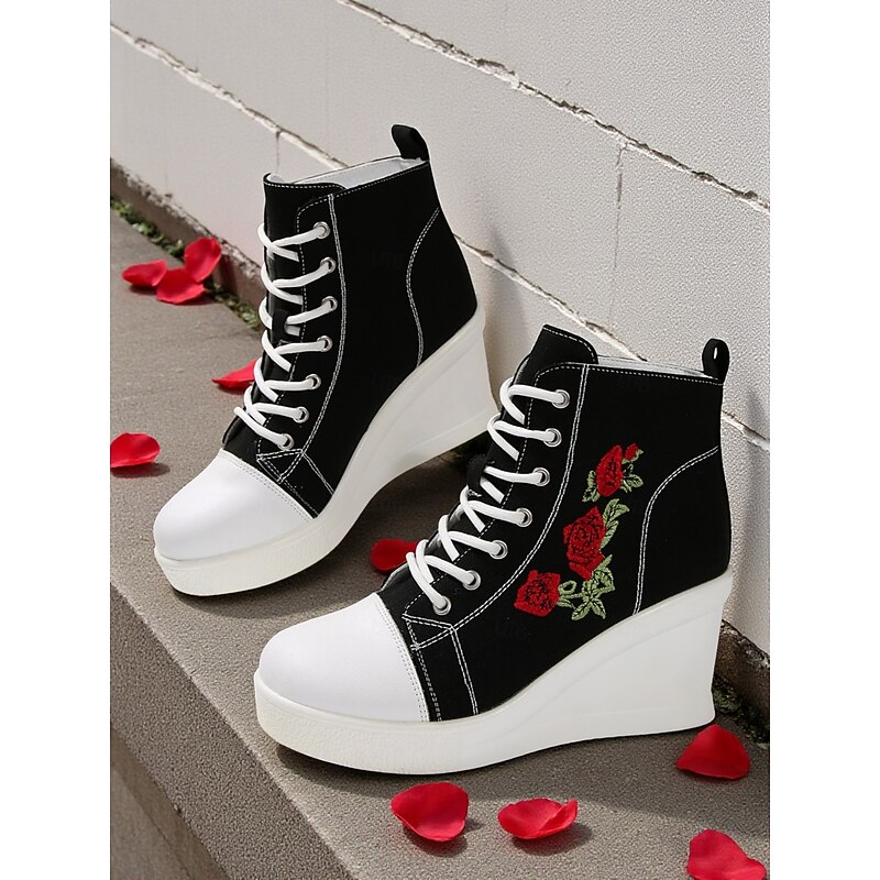 Women's Black Canvas Wedge Sneakers with Red Rose Embroidery, Lace-Up Platform Casual Shoes for Streetwear, Holloween Parties and Festivals2