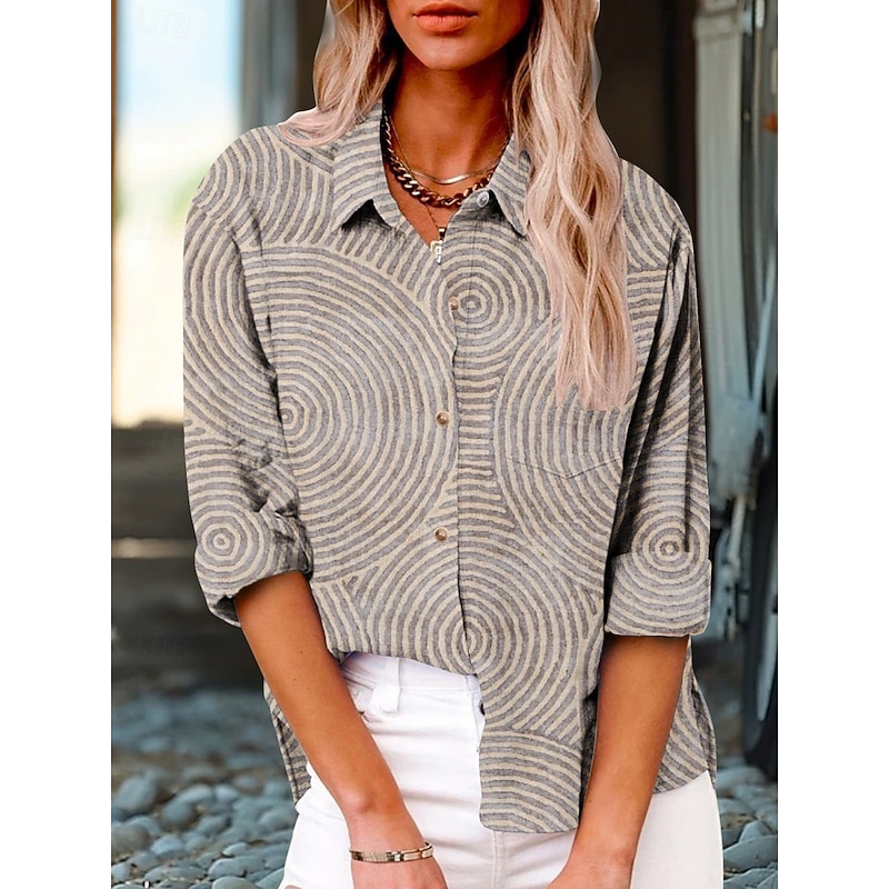 Women's Shirt Striped Active Daily Stylish Long Sleeve Shirt Collar Regular Tops Daily Holiday Buttons Print Khaki Summer Spring Fall