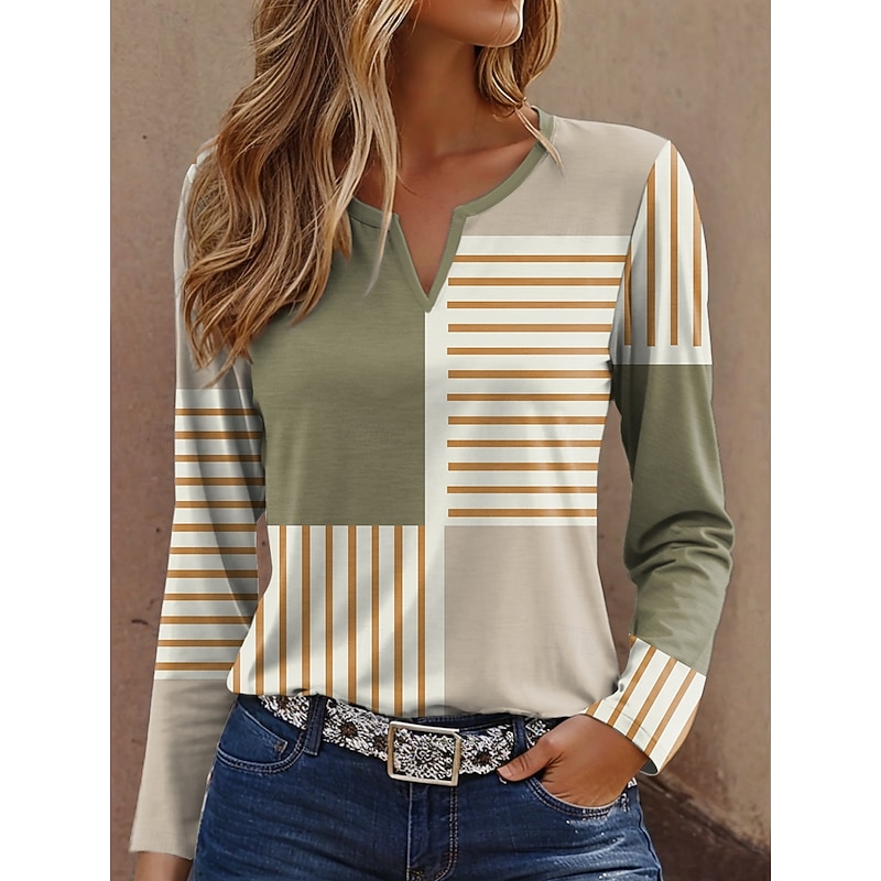Women's T Shirt Graphic Geometric Vintage Stylish Modern Long Sleeve Notched Neck Regular Tops Daily Weekend Print Yellow Blue Orange Khaki Spring Fall