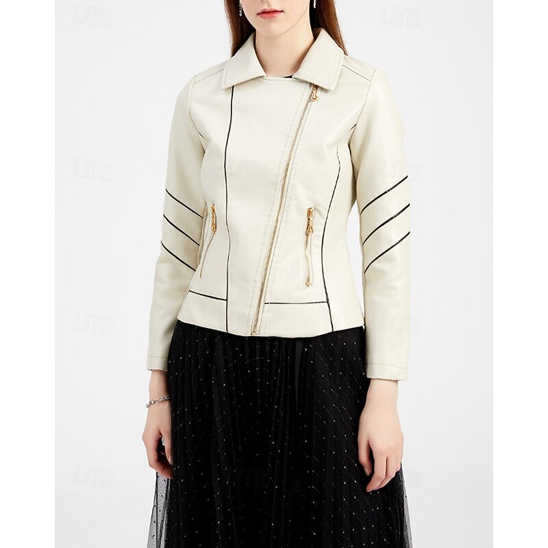 Women's Faux Leather Jacket Comfortable Zipper Pocket Casual Color Block Vacation Going out Weekend Regular Turndown Regular Fit Long Sleeve Outerwear Black Red Green Spring Fall4