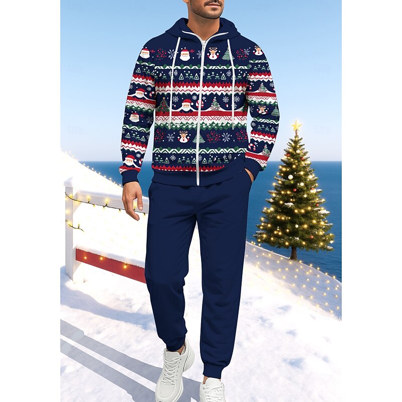 Christmas Men's Hoodie Tracksuit Zip Hoodie Drawstring Pockets Pants Hoodie Sweatshirt Fall Dark Navy Gym Workout Casual Basketball Baggy Long Sleeve Sport Activewear Stretchy Regular Fit