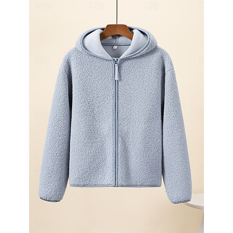Women's Sherpa Jacket Casual Jacket Hoodie Jacket Comfortable Breathable Zipper Casual Plain Vacation Street Casual Daily Wear Zipper Regular Hooded Regular Fit Long Sleeve Outerwear Light Blue Black3
