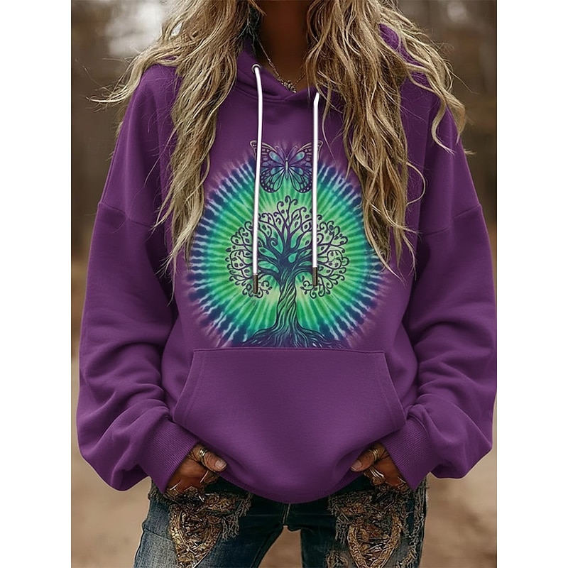 Women's Pullover Hoodies Floral Vintage Streetwear Casual Long Sleeve Hooded Regular Tops Dailywear Casual Sports Drawstring Pocket Print Blue Purple Spring Fall