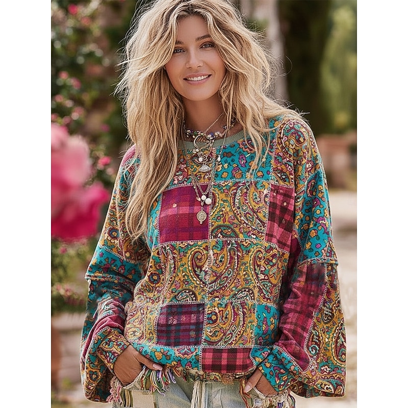 Women's Pullover Hoodies Floral Paisley Plaid Vintage Streetwear Boho Long Sleeve Crew Neck Hooded Regular Tops Dailywear Casual Drawstring Print Blue Spring Fall3