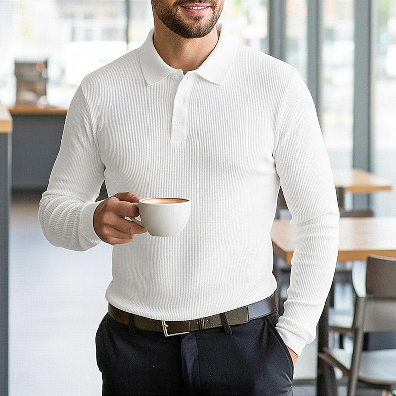 Men's Golf Polos Shirts Waffle Knit Polo Shirt Business Casual Ribbed Polo Collar Long Sleeve Fashion Basic Solid Color Textured Knitting Fall Winter Regular Fit Black White Yellow Burgundy Navy Blue2