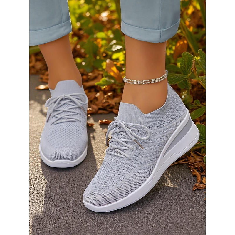 Women's Pink Flyknit Sneakers with Lace-Up Design and Thick Sole – Lightweight Walking and Casual Sports Shoes4