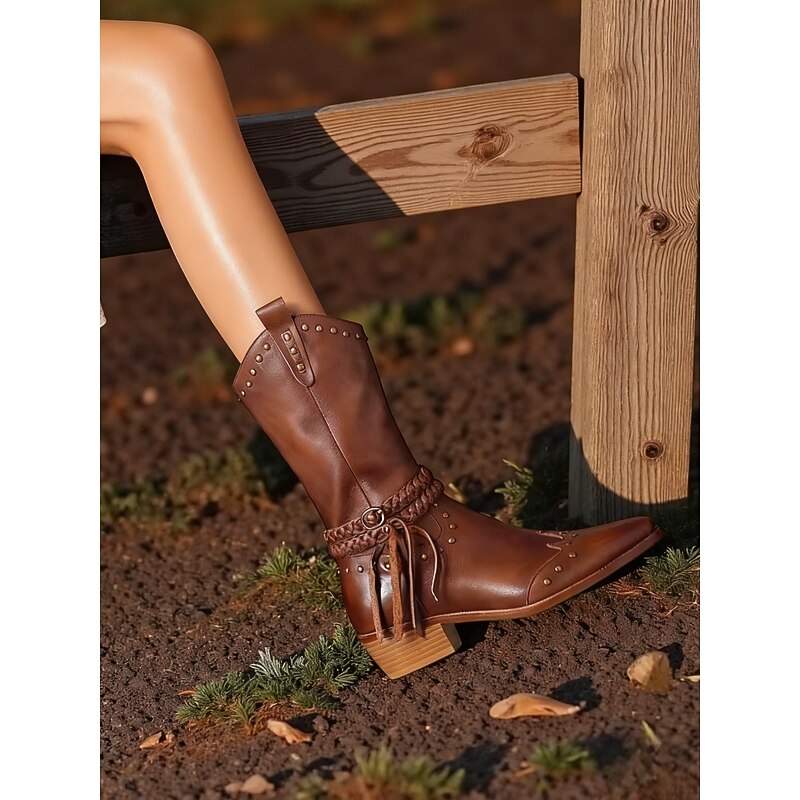 Women's Western Cowboy Boots with Braided Strap and Stud Detail, Stylish Footwear for Casual Outings and Western Themed Events