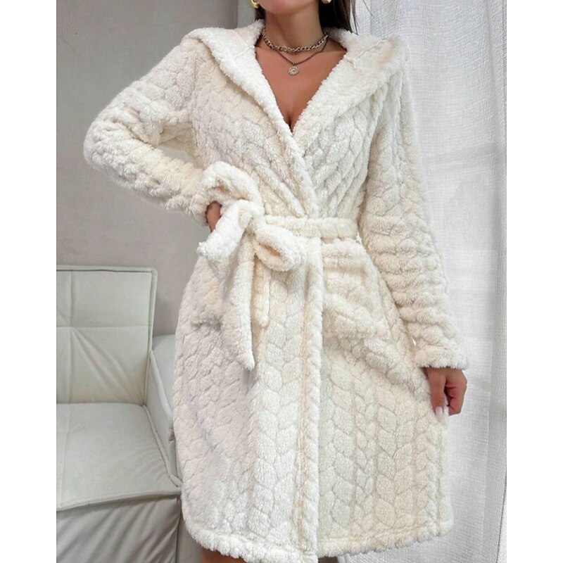 Women's Pajamas Robe Casual Pure Color Pocket Vacation Home Long Sleeve Hoodie White Fall Winter Loose Fit2
