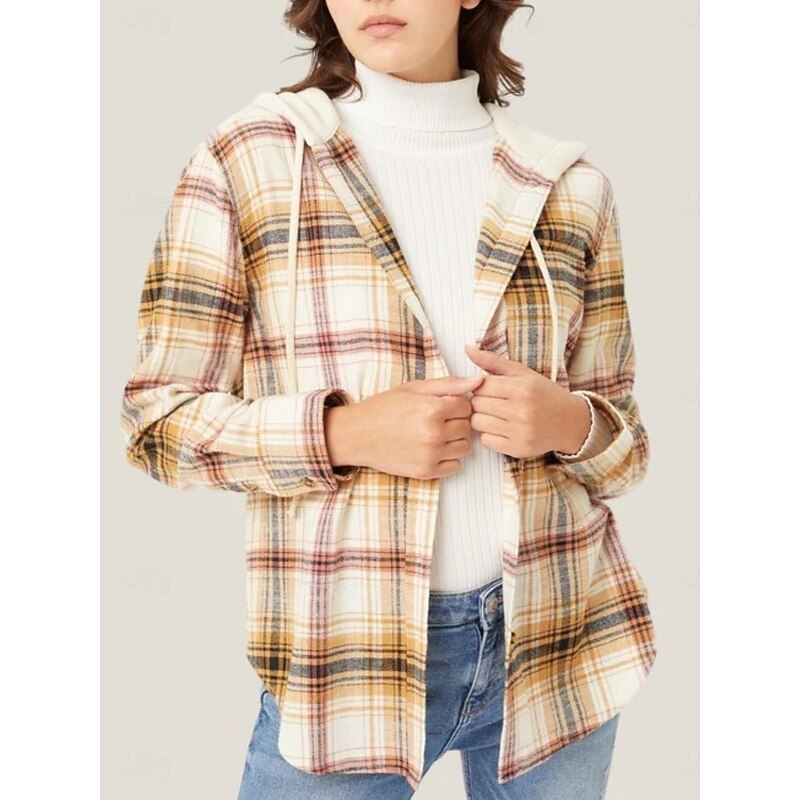 Women's Casual Jacket Shacket Comfortable Breathable Pocket Buttons Print Casual Plaid Vacation Street Daily Wear Going out Single Breasted Regular Hoodie Regular Fit Long Sleeve Outerwear Black3