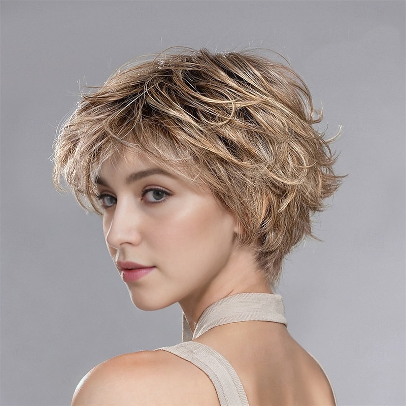 Women’s Brown Blonde Highlight Tousled Short Wig with Bangs Natural Looking Realistic Synthetic Hair Heat Resistant Layered Cut Elegant Daily Wear Fashion Style4