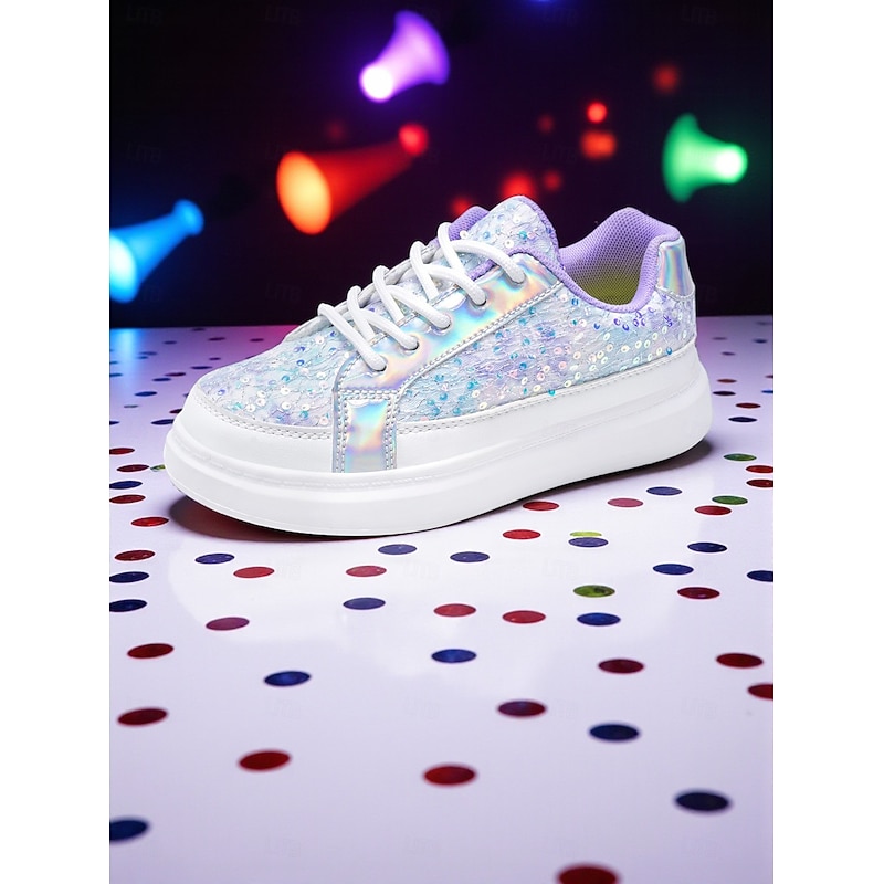 Korean Idol Inspired Pop Star Costume Shoes Girls' Sparkly Holographic Sneakers with Sequin Detailing Casual Fashion Footwear for Dance and Party Outfits