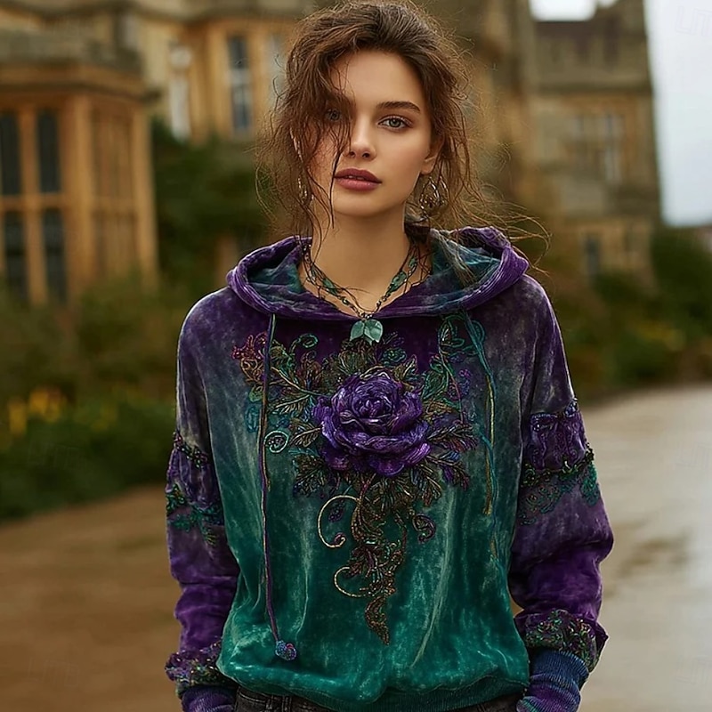 Women's 3D Print Vintage Boho Hoodie Patchwork Hoodie Sweatshirt Floral Pullover Sweatshirt Elegant Warm Active Hooded Street Dailywear Patchwork Light Green Light Purple Beige Spring Fall Winter2