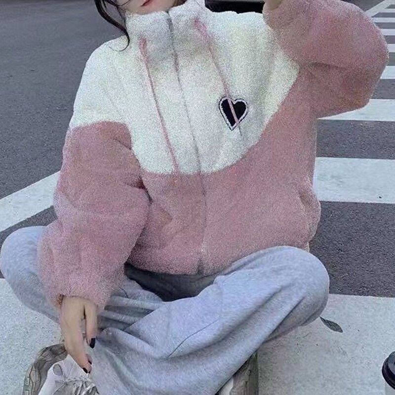 Women's Fuzzy Fleece Jacket Winter Coat with Pockets Long Sleeve Top Athleisure Color Block Windproof Warm Gym Outdoor Running Sportswear Activewear Pink Blue4