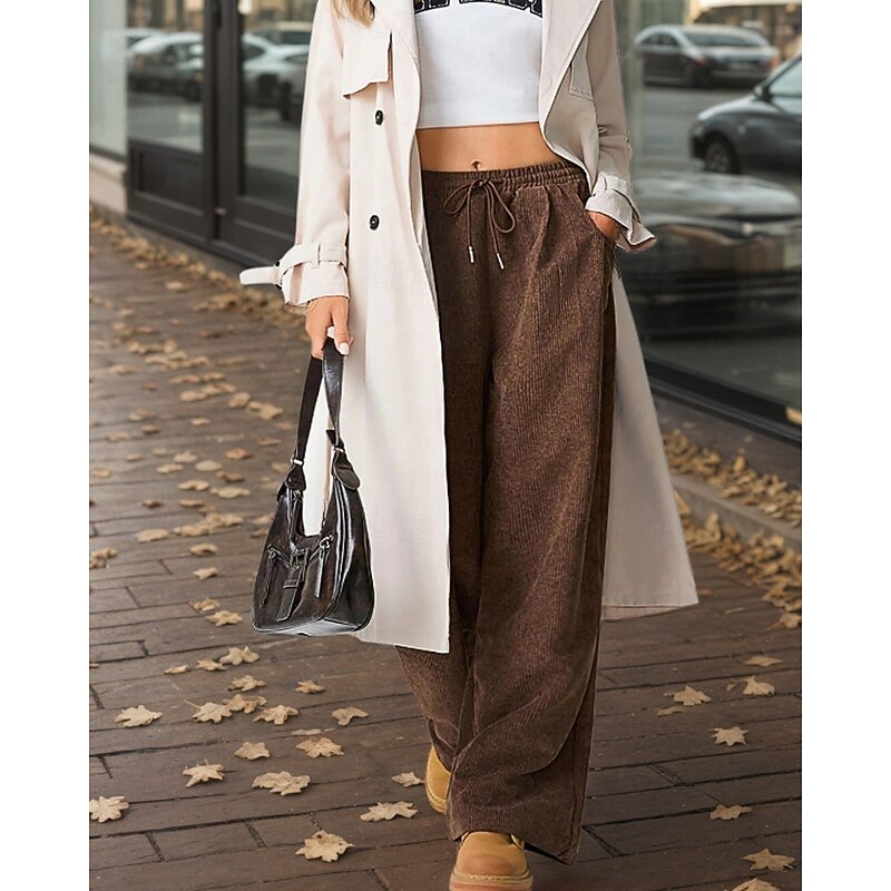 Women's Culottes Wide Leg Chinos Streetwear Casual Full Length Medium Waist Plain Pocket Elastic Drawstring Design Comfortable Micro-elastic Outdoor Vacation Daily Dark Brown Fall Winter Regular Fit3
