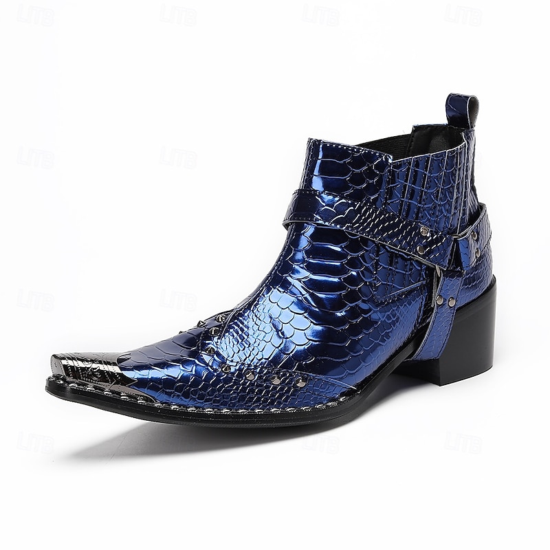 Men's Premium Cowhide Blue Croc Pattern Leather Chelsea Boots, Stylish Harley Motorcycle Boots for Rock Concerts, Parties, Nightclub Fashion and Stage Wear3