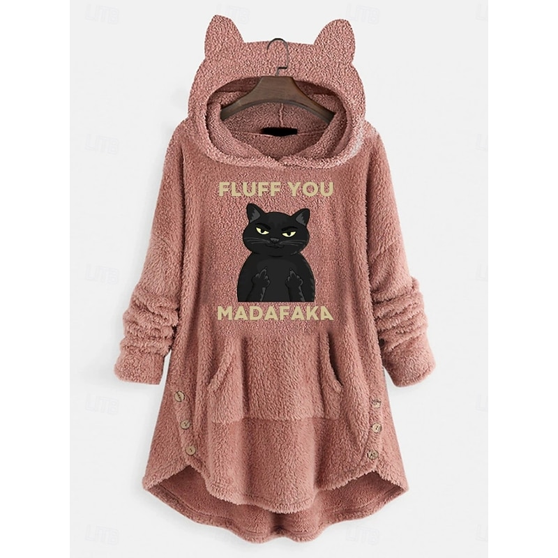Women's Pullover Hoodie Sweatshirt Cat Letter Casual Long Sleeve Hooded Crop Tops Street Dailywear Casual Pink Wine Gray Fall Winter