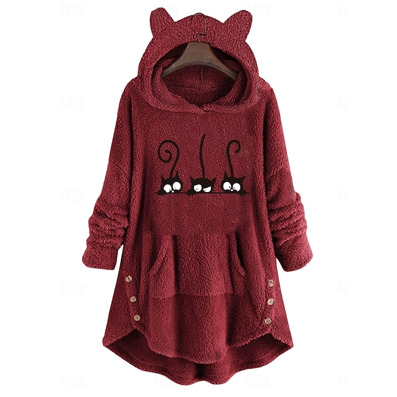 Women's Pullover Hoodie Sweatshirt Cat Letter Casual Long Sleeve Hooded Long Tops Street Dailywear Casual Pink Wine Gray Fall Winter4