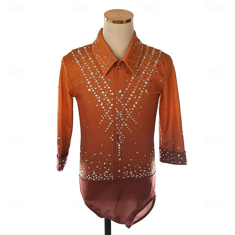 Figure Skating Top Men's Boys' Ice Skating Tops Orange Patchwork Spandex High Elasticity Training Competition Skating Wear Classic Crystal / Rhinestone Long Sleeve Ice Skating Figure Skating