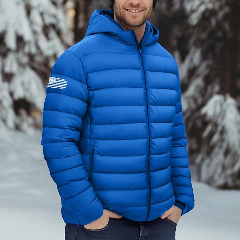 Men's American US Flag Winter Coat Down Jacket Puffer Jacket Thermal Warm Rain Waterproof Lightweight Casual Outdoor Daily Padded Quilted Hooded Jacket Fall Winter Hooded Long Sleeve Black Red Royal