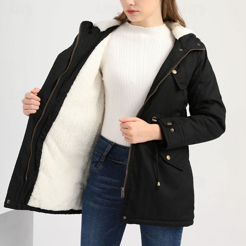 Women's Parka Warm Comfortable Zipper Pocket With Belt Casual Solid Color Vacation Street Casual Daily Wear Long Hooded Regular Fit Long Sleeve Outerwear Navy Black Pink Fall Winter3