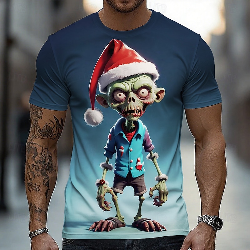 Halloween Men's Optical Illusion Zombies 3D T Shirt Short Sleeve T shirt 3D Print Crew Neck Shirt Exaggerated Designer Horror Party Street Holiday Blue Summer Spring All Seasons Clothing Apparel S M