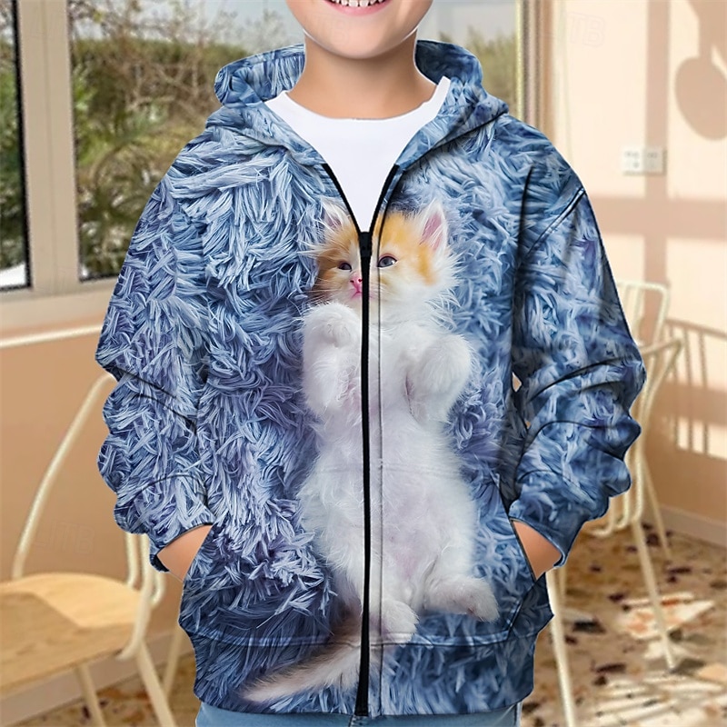 Boys' 3D Cat Hoodie Coat Outerwear Long Sleeve Spring Fall Fashion Streetwear Kids 4-12 Years Hooded Outdoor Casual Daily Regular Fit