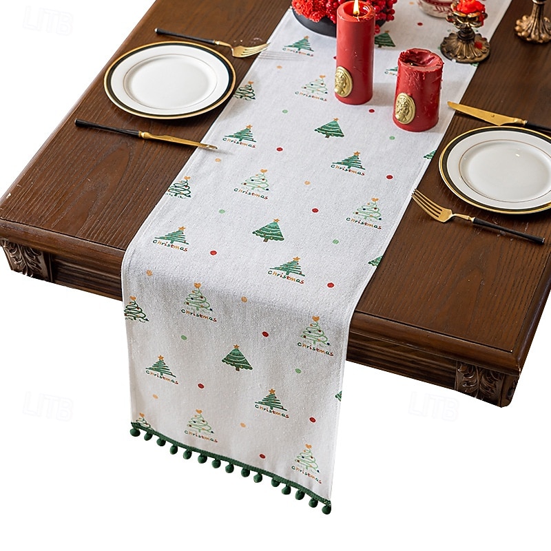 New Christmas Pine Table Runner, Home Decoration, Printed Heat-Resistant Faux Linen Dining Table Cloth, Long Table Mat3