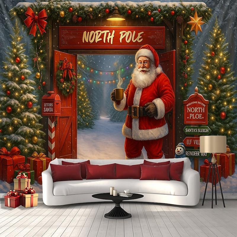 Christmas Wall Tapestry Backdrop, Santa Claus at North Pole with Christmas Tree and Gifts, 2025 Xmas Holiday Wall Hanging for Bedroom Living Room Party and Outdoor2