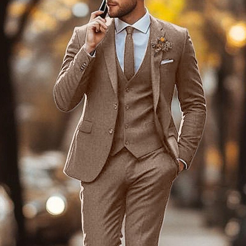 Men's Wedding Casual Business Suits Notch Lapel Brown Daily Formal Solid Colored Tailored Fit 3 Piece Single Breasted Two-buttons2