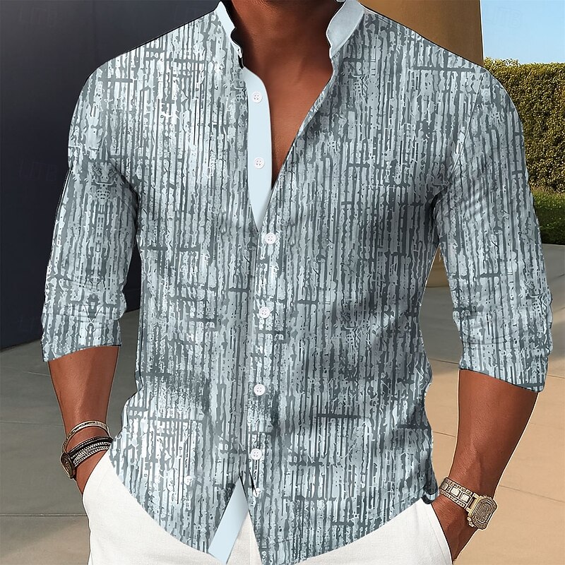 Men's Stripes Geometric Pattern Shirt Stand Collar Shirt Long Sleeve Vintage Retro Dailywear Holiday Spring Fall Mandarin Collar Band Collar 3D Print Button Up Shirts Blue Brown Green Gray3