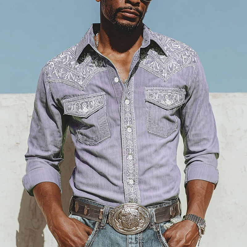 Men's Floral Print Ethnic Flowers Shirt Western Shirt Cowboy Shirt Long Sleeve Vintage Retro Outdoor Casual WorkWear Spring Fall Turndown Front Two Pockets Linen Like Shirt Button Up Shirts Light4