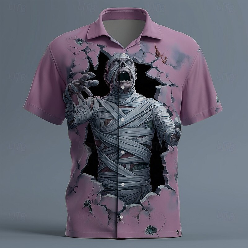 Halloween Men's Zombies Mummy Cracked Wall Shirt Button Up Shirt Short Sleeve Dark Gothic Style Holiday Streetwear Summer Spring Turndown 3D Print Collared Shirts Light Green Pink Purple Green Khaki4