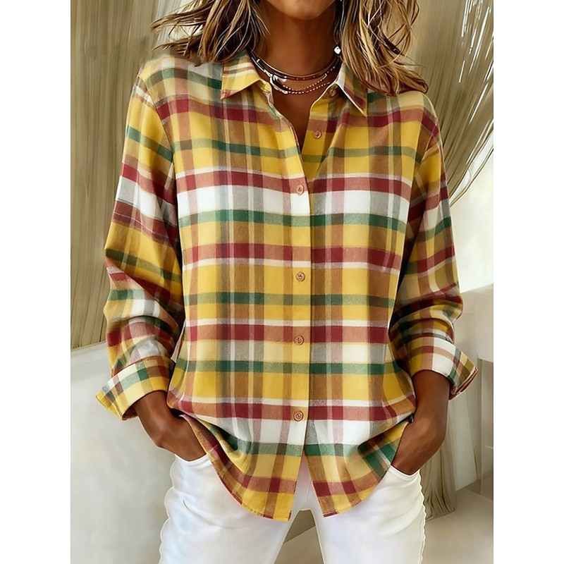 Women's Shirt Blouse Graphic Geometric Plaid Casual Long Sleeve Shirt Collar Regular Tops Daily Patchwork Buttons Print Yellow Blue Orange Khaki Fall Winter4