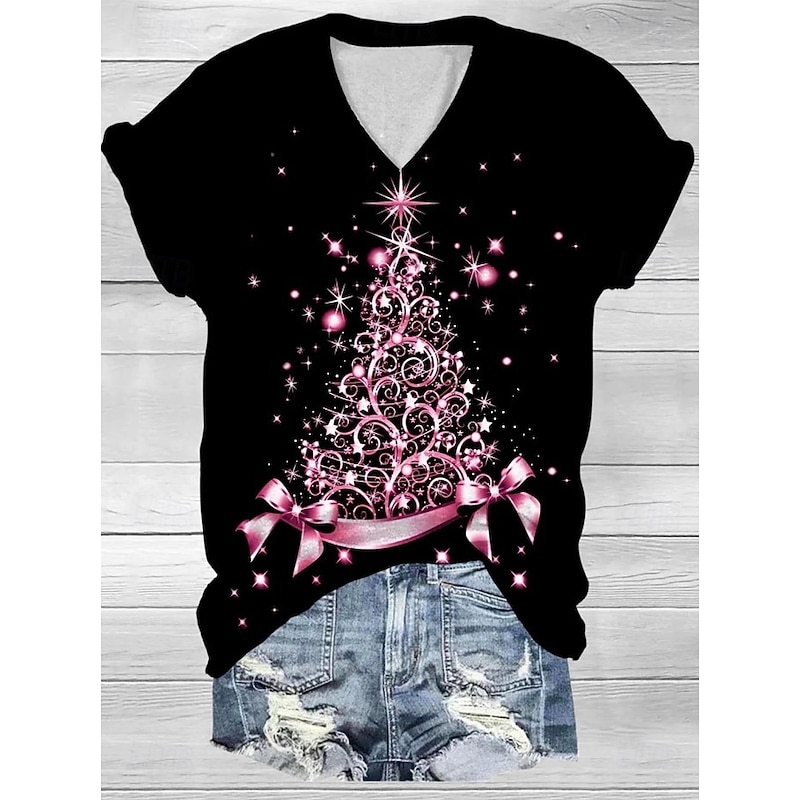 Christmas Women's T Shirt Graphic Christmas Tree Vintage Stylish Classic Short Sleeve V Neck Regular Tops Daily Print Black+White+Red Black and gray Black Pink Khaki Summer Spring Fall Winter2
