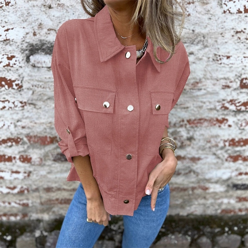Women's Casual Jacket Warm Comfortable Pocket Buttons Fashion Outdoor Plain Going out Weekend Single Breasted Regular Lapel Regular Fit Long Sleeve Outerwear Pink Khaki Fall Winter3