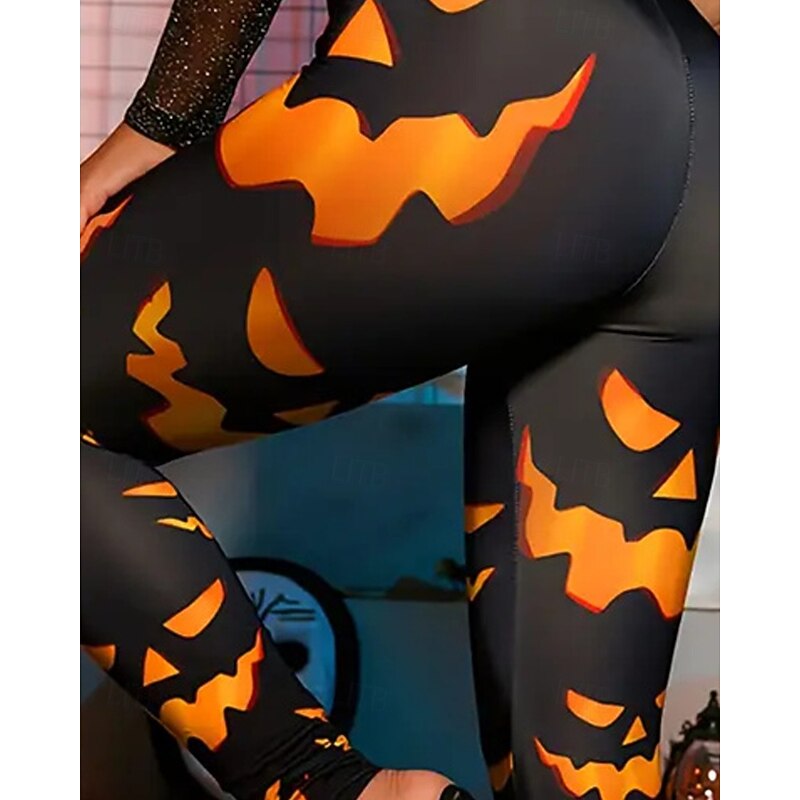 Women's Leggings Cozy Leggings Vacation Casual Full Length High WaistPantsHalloween Graphic Printing Thermal Warm Comfortable Stretchy Vacation Casual Daily Orange Fall Winter Slim Fit2