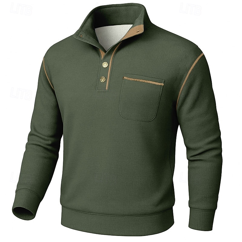 Men's Sweatshirt Corduroy Fleece Sweatshirt Pullover Button Up Hoodie Black Army Green Navy Blue Blue Khaki Standing Collar Plain Patchwork Color Block Textured Sports & Outdoor Casual Daily4