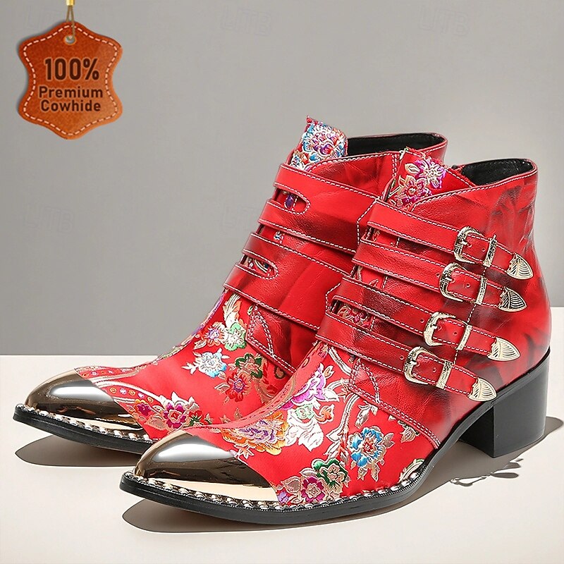 Men's Genuine Cowhide Leather Red Floral Buckle Ankle Boots – Gothic Punk Style Stage and Fashion Party Shoes