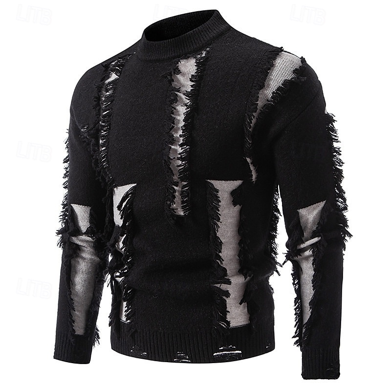 Men's Sweater Pullover Sweater Jumper Distressed Sweater Ribbed Knit Regular Tops Knitted Slim Fit Plain High Neck Knitwear Contemporary Casual Daily Wear Clothing Apparel Fall Black White M L XL2